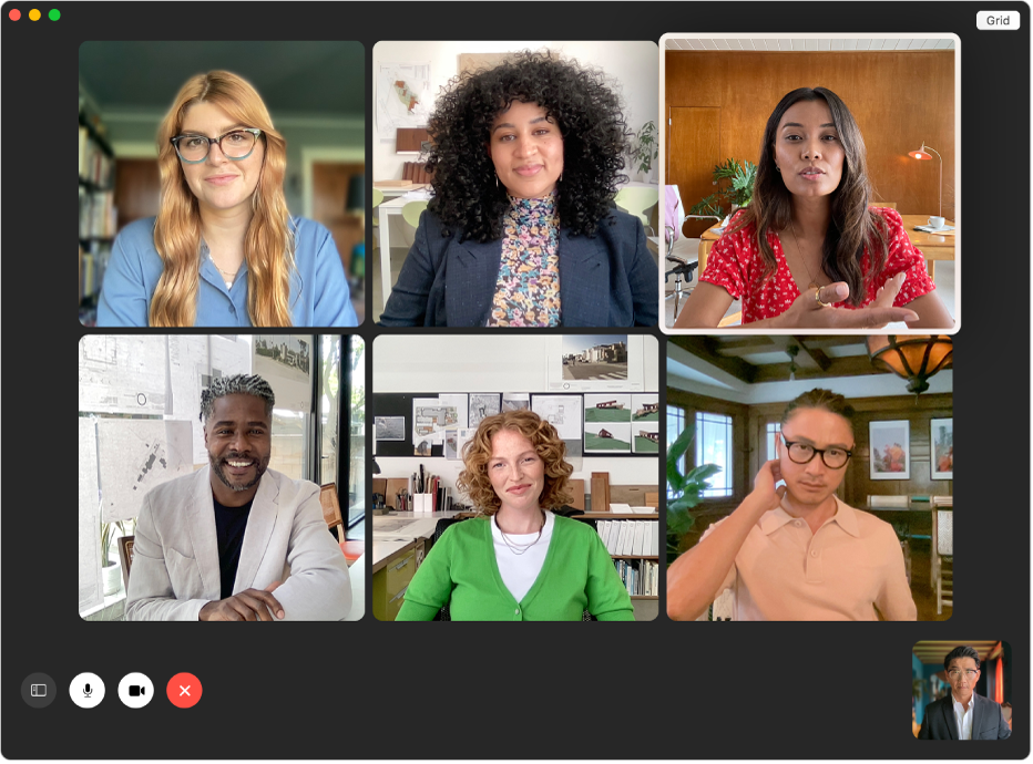 The FaceTime window in a group call with individuals shown in a grid.