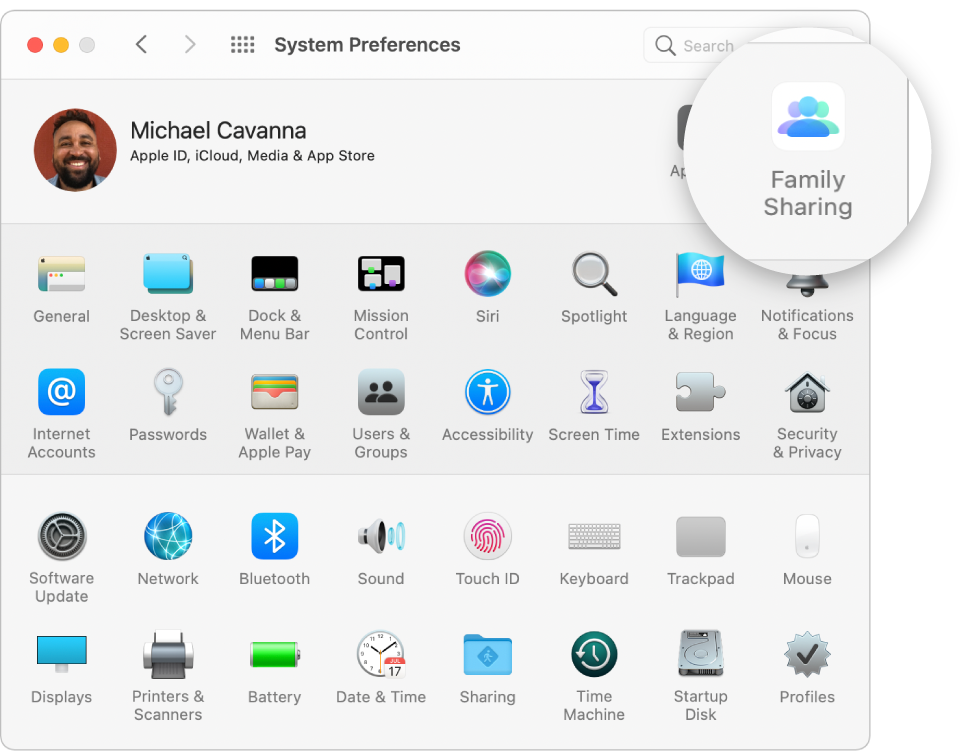The System Preferences pane with the Family Sharing icon highlighted.