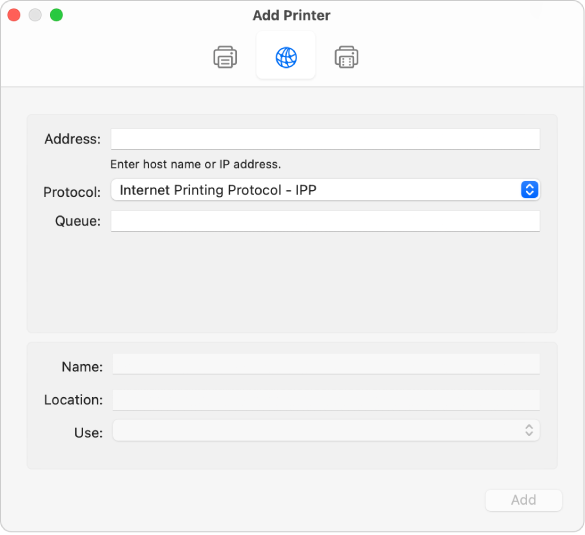 The Add Printer dialog showing the IP options for setting up an printer using the IP protocol.