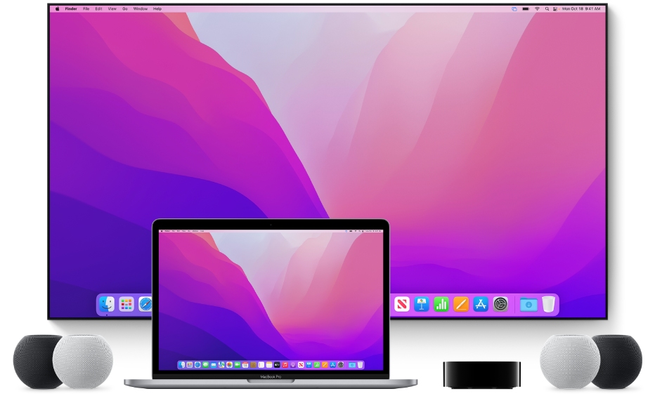 A Mac computer and devices to which it can stream content using AirPlay—for example, an Apple TV, HomePod mini speakers, and a smart TV.