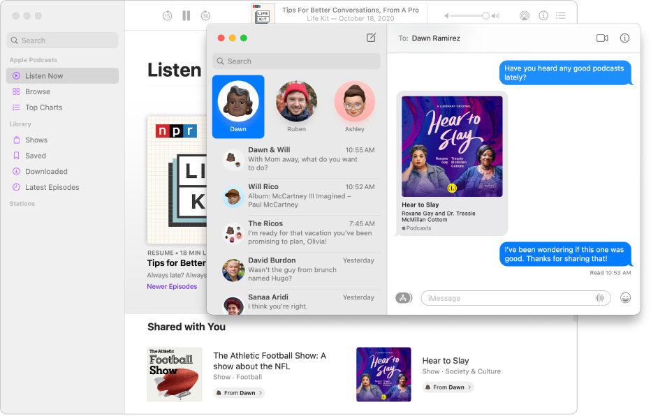 Two open windows—the Podcasts window with two shows in the Shared with You section and the Messages window with one of the same Shared with You shows in the conversation.