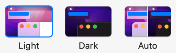 From left to right, samples of the Light, Dark, and Auto options shown in General preferences.