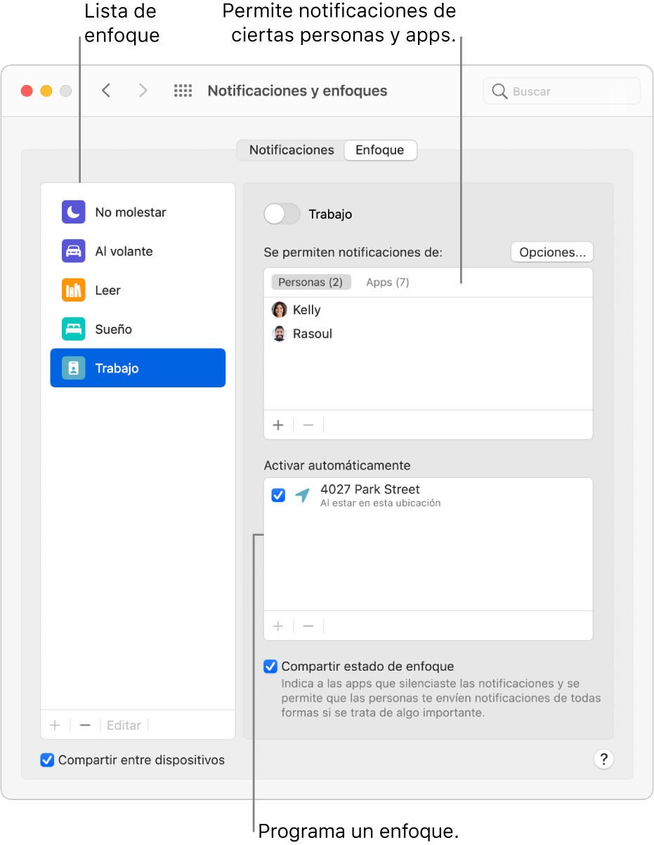 Las preferencias del enfoque mostrando la lista de enfoques en la parte izquierda con el enfoque Trabajo seleccionado. En la parte superior derecha está la lista de las personas cuyas notificaciones están permitidas cuando el enfoque Trabajo está activo. En la parte inferior está el programa basado en la ubicación que activa de forma automática el enfoque Trabajo.