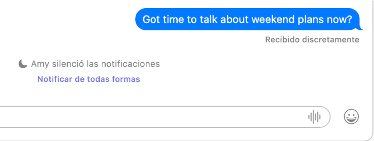 Una conversación de Mensajes. Mensajes indica que un mensaje enviado se entregó sin notificar porque el destinatario tiene las notificaciones silenciadas. Debajo se encuentra el enlace “Notificar de todos modos” en el que el remitente puede hacer clic para enviar el mensaje.