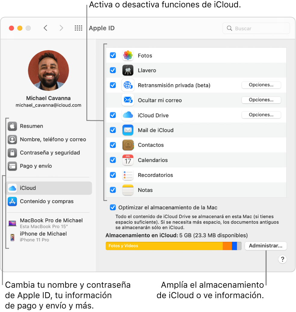 Panel de preferencias iCloud con todas las funciones seleccionadas.