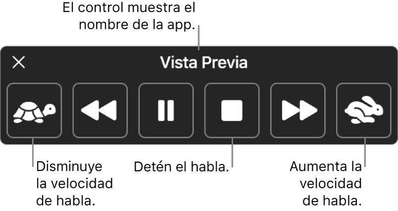 El controlador en pantalla que se puede mostrar cuando tu Mac lee en voz alta el texto seleccionado. El controlador brinda seis botones, los cuales, de izquierda a derecha, te permiten reducir la velocidad del habla, regresar un enunciado, reproducir o pausar el habla, detener el habla, adelantar un enunciado y aumentar la velocidad del habla. El nombre de la app se muestra en la parte superior del controlador.