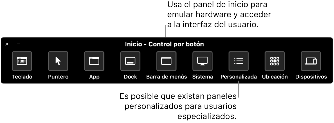 El panel Inicio de Control por botón brinda botones para controlar, de izquierda a derecha, el teclado, el puntero, apps, el Dock, la barra de menús, los controles del sistema, los paneles personalizados, la ubicación de la pantalla y otros dispositivos.