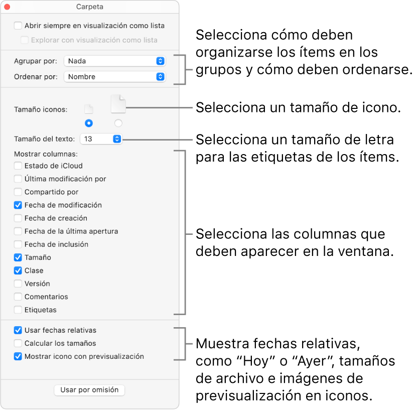 Opciones de visualización como lista de una carpeta.