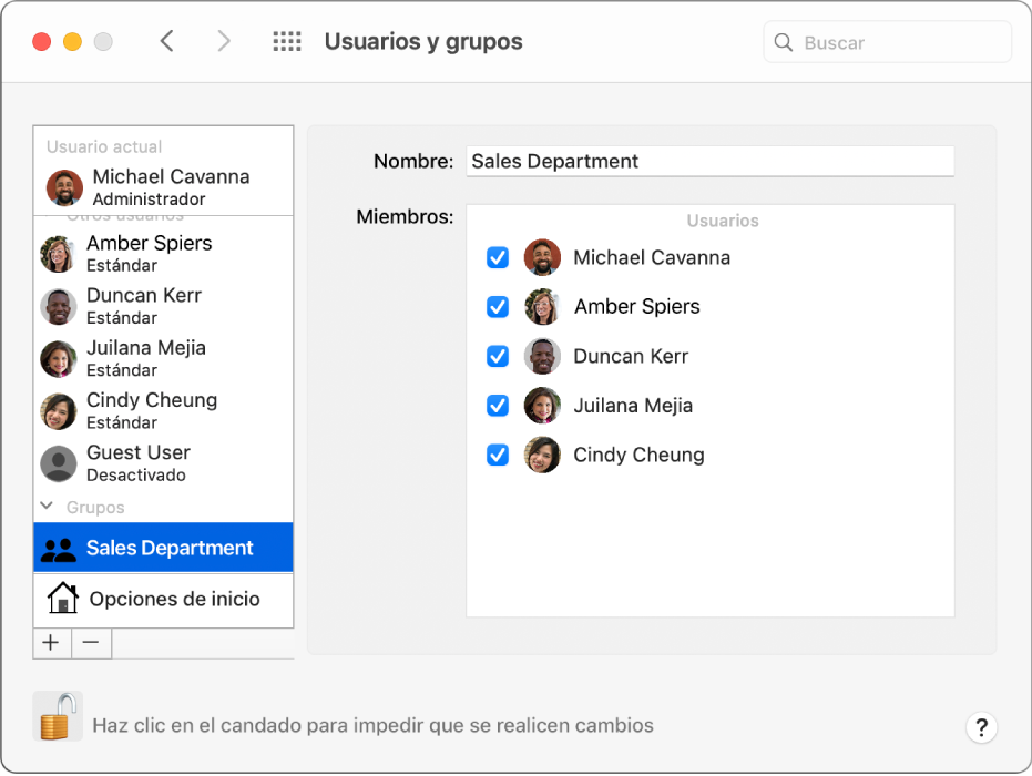 Preferencias “Usuarios y grupos” con un grupo seleccionado a la izquierda; el nombre del grupo y sus miembros aparecen a la derecha.