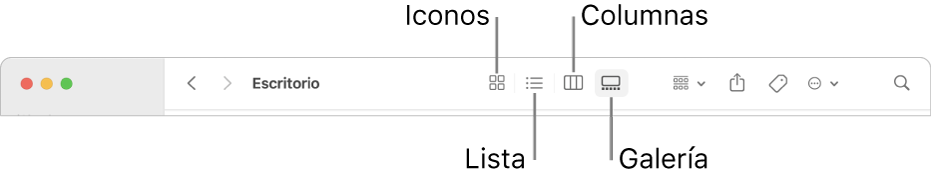 La parte superior de una ventana del Finder con los botones de las opciones de visualización de una carpeta.