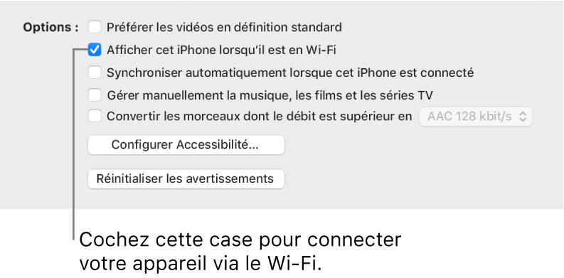 Les options de synchronisation pour gérer les éléments de contenu manuellement.