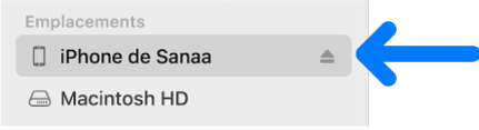 Un appareil sélectionné dans la barre latérale du Finder.