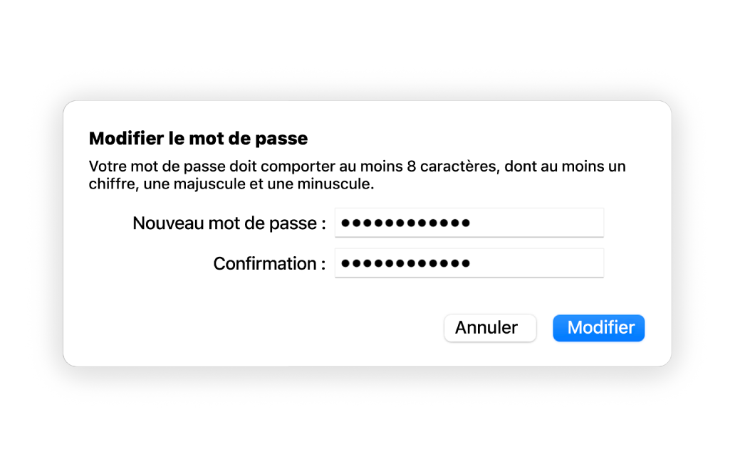 La fenêtre Modifier le mot de passe.