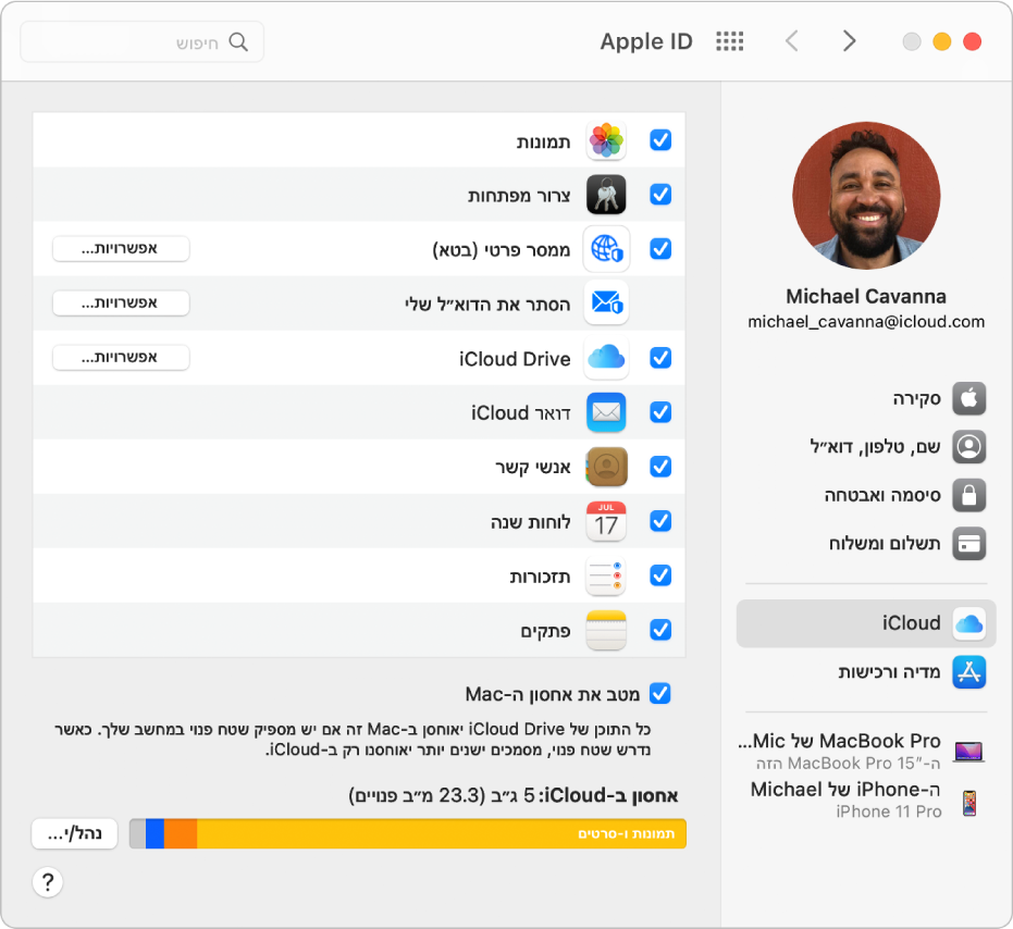 העדפות Apple ID עם סרגל צד המציג את הסוגים השונים של אפשרויות חשבון זמינות לשימוש ואת העדפות iCloud של חשבון קיים.