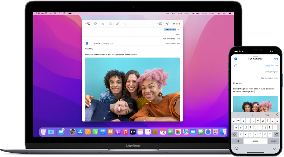 ‏iPhone המציג הודעת דוא”ל, ולצדו Mac שההודעה מועברת אליו, כפי שניתן להבין מהצלמית של Handoff על הצלמית של היישום “דואר” בסמוך לקצה השמאלי של ה-Dock.