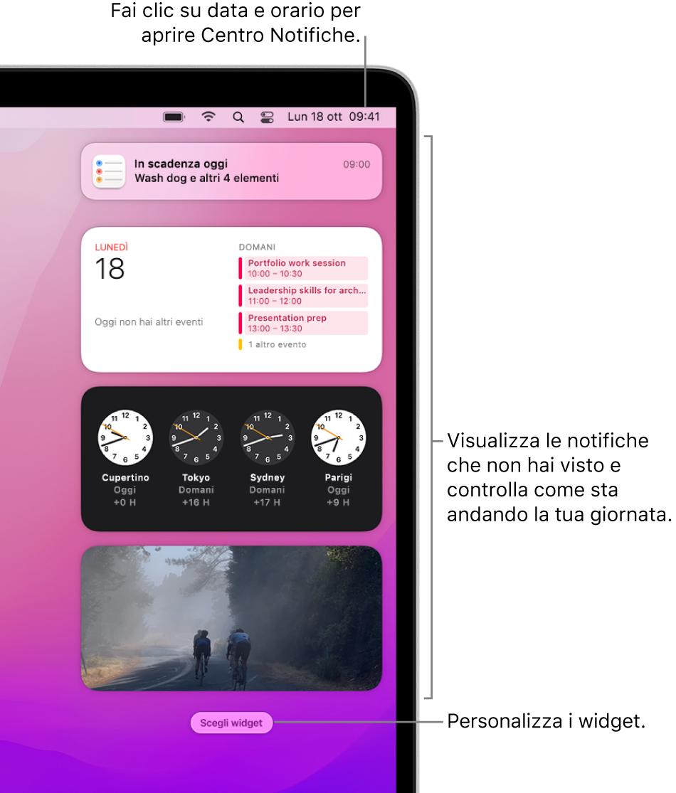 Notifiche e widget in Centro Notifiche.