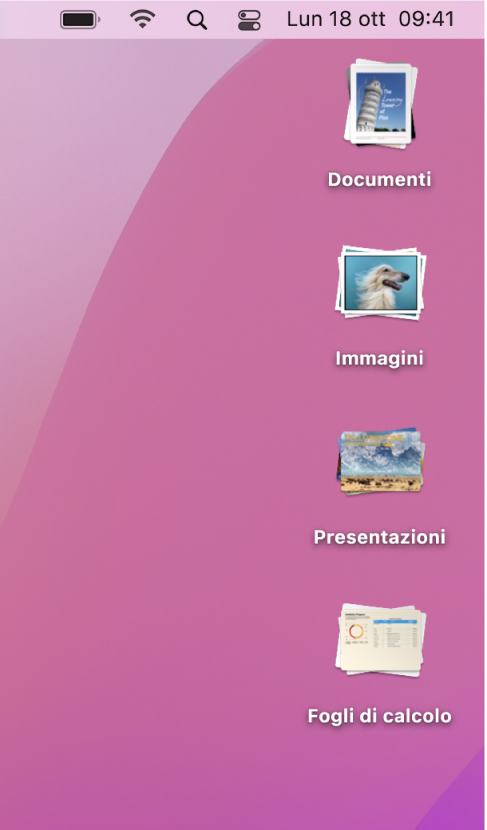 Una scrivania del Mac con quattro pile, per documenti, immagini, presentazioni e fogli di calcolo, lungo il margine destro dello schermo.
