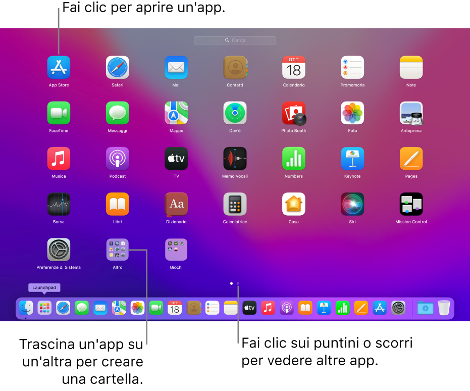 Launchpad con le app che puoi aprire.