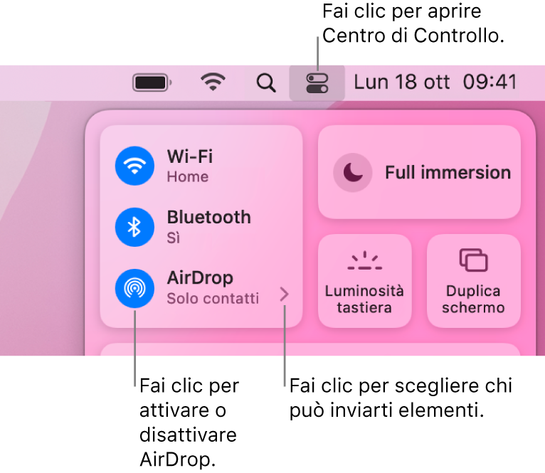 Una finestra di Centro di Controllo che mostra i controlli per attivare o disattivare rapidamente AirDrop e selezionare chi può inviarti elementi.