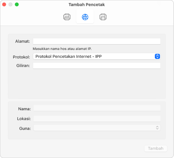 Dialog Tambah Pencetak menunjukkan pilihan IP untuk menyediakan pencetak menggunakan protokol IP.