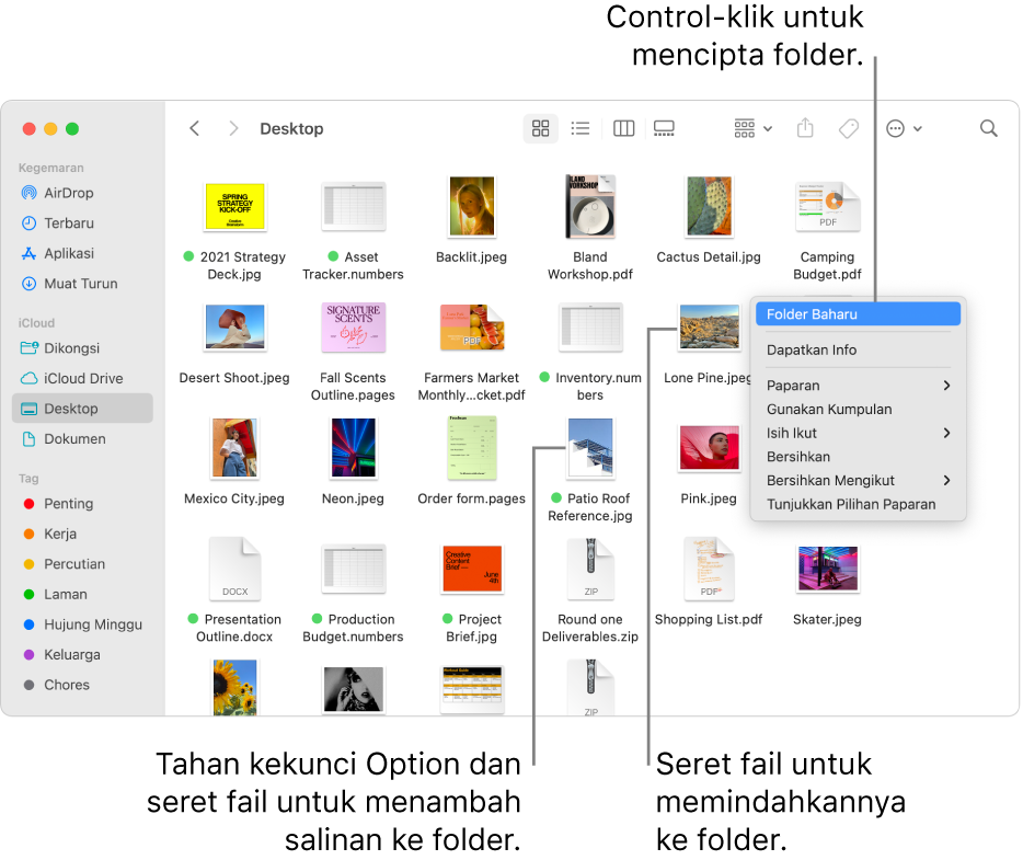 Tetingkap Finder yang mengandungi fail dan folder. Dalam menu pintasan, Folder Baharu diserlahkan.