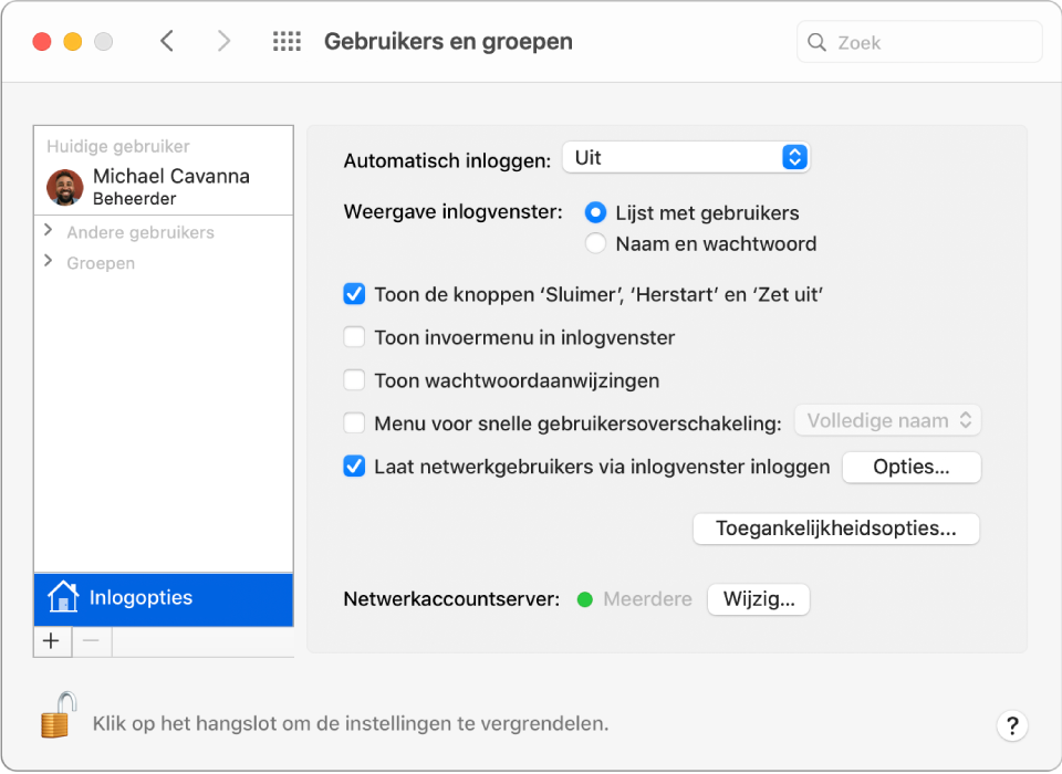 Het paneel 'Inlogopties' in het voorkeurenpaneel 'Gebruikers en groepen' waarin je opties kunt selecteren om te bepalen hoe een gebruiker inlogt.