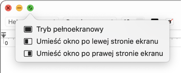 Menu, jakie pojawi się, gdy przesuniesz wskaźnik nad zielony przycisk w lewym górnym rogu okna. W menu od góry do dołu znajdują się polecenia: Tryb pełnoekranowy, Umieść okno po lewej stronie ekranu, Umieść okno po prawej stronie ekranu.