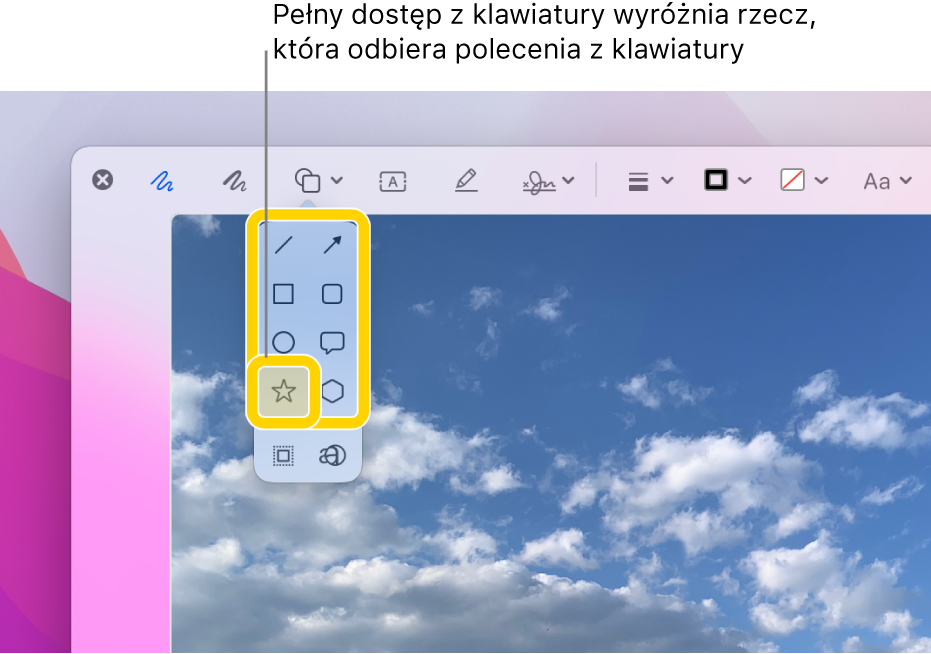 Okno szybkiego przeglądu z widocznym paskiem narzędzi oznaczeń. Rozwinięte jest narzędzie Kształty i widoczne są jego opcje. Funkcja Pełny dostęp z klawiatury obrysowała narzędzie mające fokus oraz zawierającą je grupę.