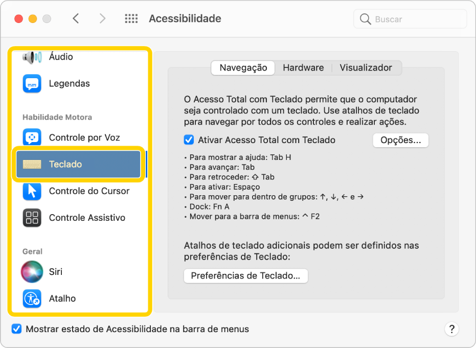 O painel Navegação pelo Teclado da preferência Acessibilidade mostrando o “Acesso Total com Teclado” ativado. Na lista de painéis na barra lateral, a opção Teclado está em foco e está destacada pelo “Acesso Total com Teclado”.