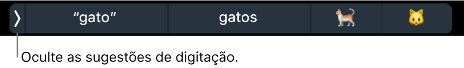 Sugestões de digitação mostrando palavras e emojis, e o botão para ocultar as sugestões de digitação à esquerda.