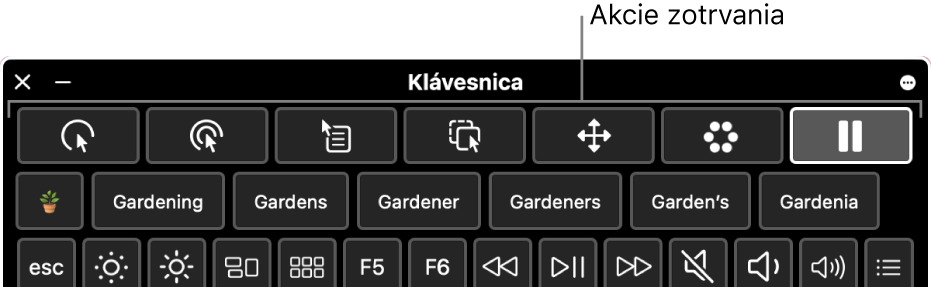 Tlačidlá akcií zotrvania v hornej časti Klávesnice prístupnosti.