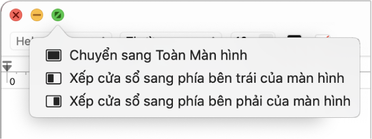 Menu xuất hiện khi bạn di chuyển con trỏ qua nút màu lục ở góc trên cùng bên trái của cửa sổ. Các lệnh menu từ trên xuống dưới bao gồm: Chuyển sang toàn màn hình, Xếp lớp cửa sổ sang phía bên trái của màn hình, Xếp lớp cửa sổ sang phía bên phải của màn hình.