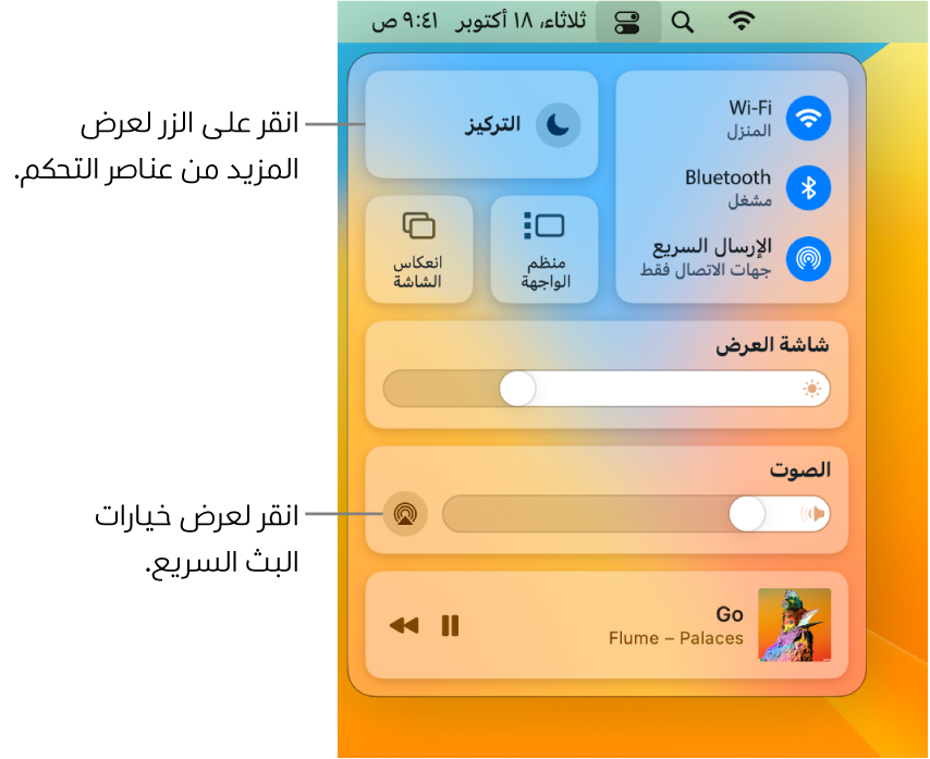 عرض مُكبَّر لمركز التحكم على Mac.