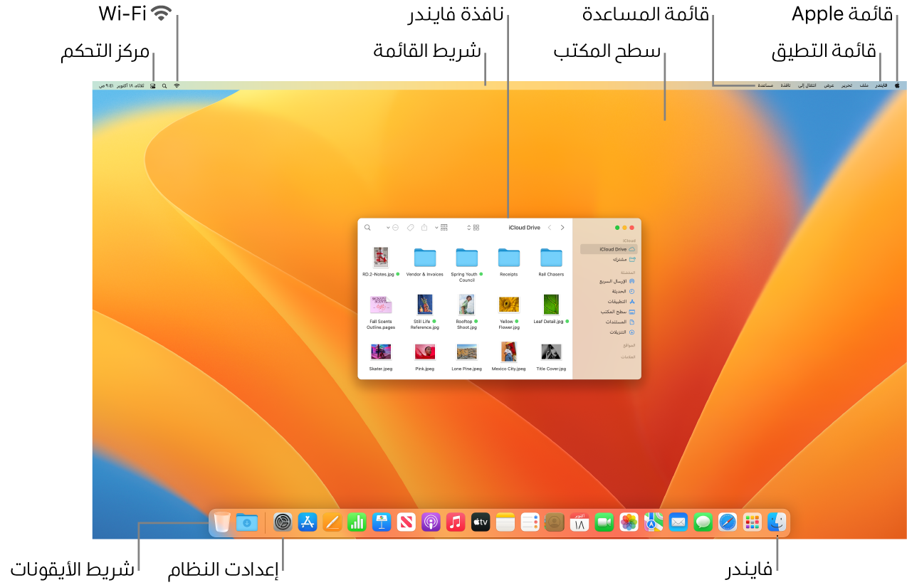 شاشة Mac تعرض قائمة Apple وقائمة التطبيق وقائمة المساعدة وسطح المكتب وشريط القائمة ونافذة فايندر وأيقونة Wi-Fi وأيقونة مركز التحكم وأيقونة فايندر وأيقونة إعدادات النظام وشريط الأيقونات.