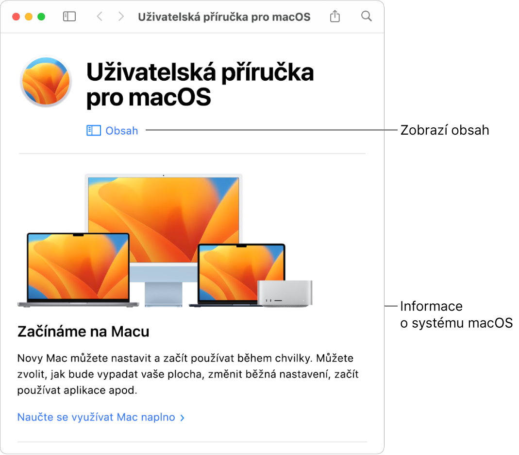 Úvodní stránka Uživatelské příručky pro macOS s odkazem na obsah