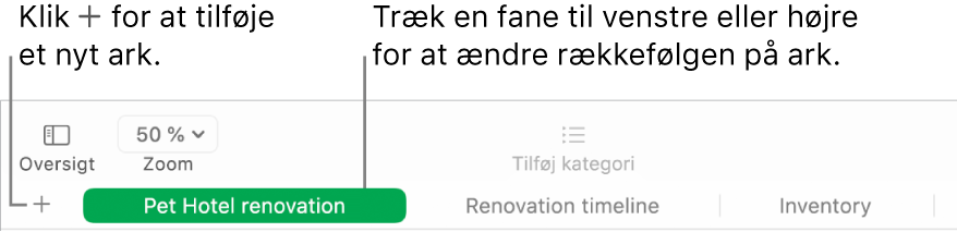 Et Numbers-vindue, der viser, hvordan du tilføjer et nyt ark og flytter rundt på ark.