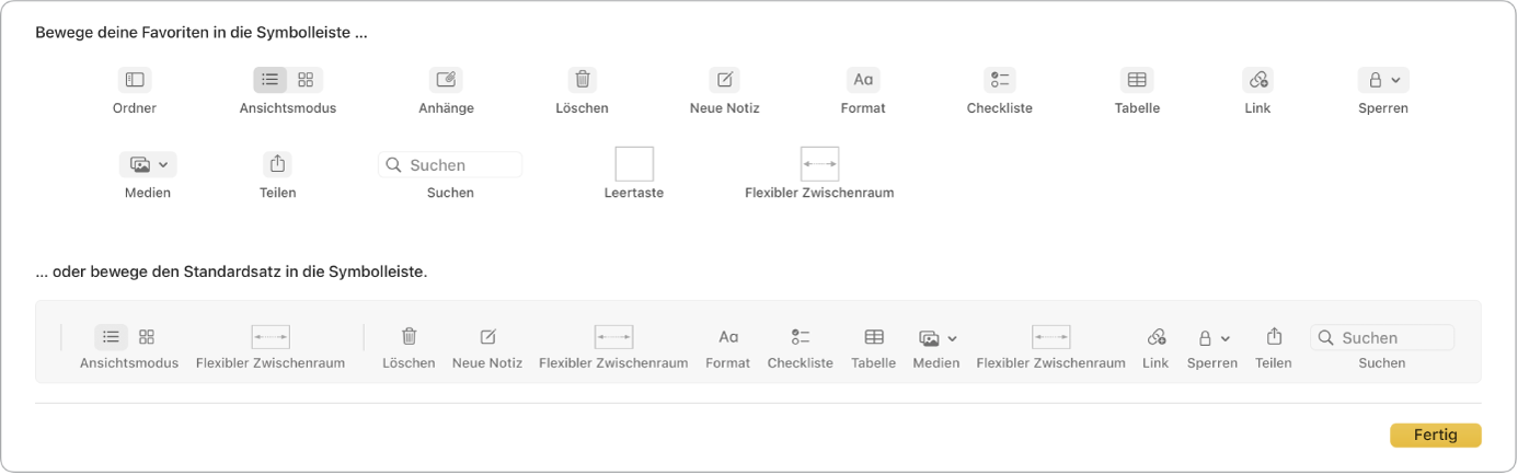 Ein Fenster der App „Notizen“ mit den verfügbaren Optionen zum Anpassen der Symbolleiste.