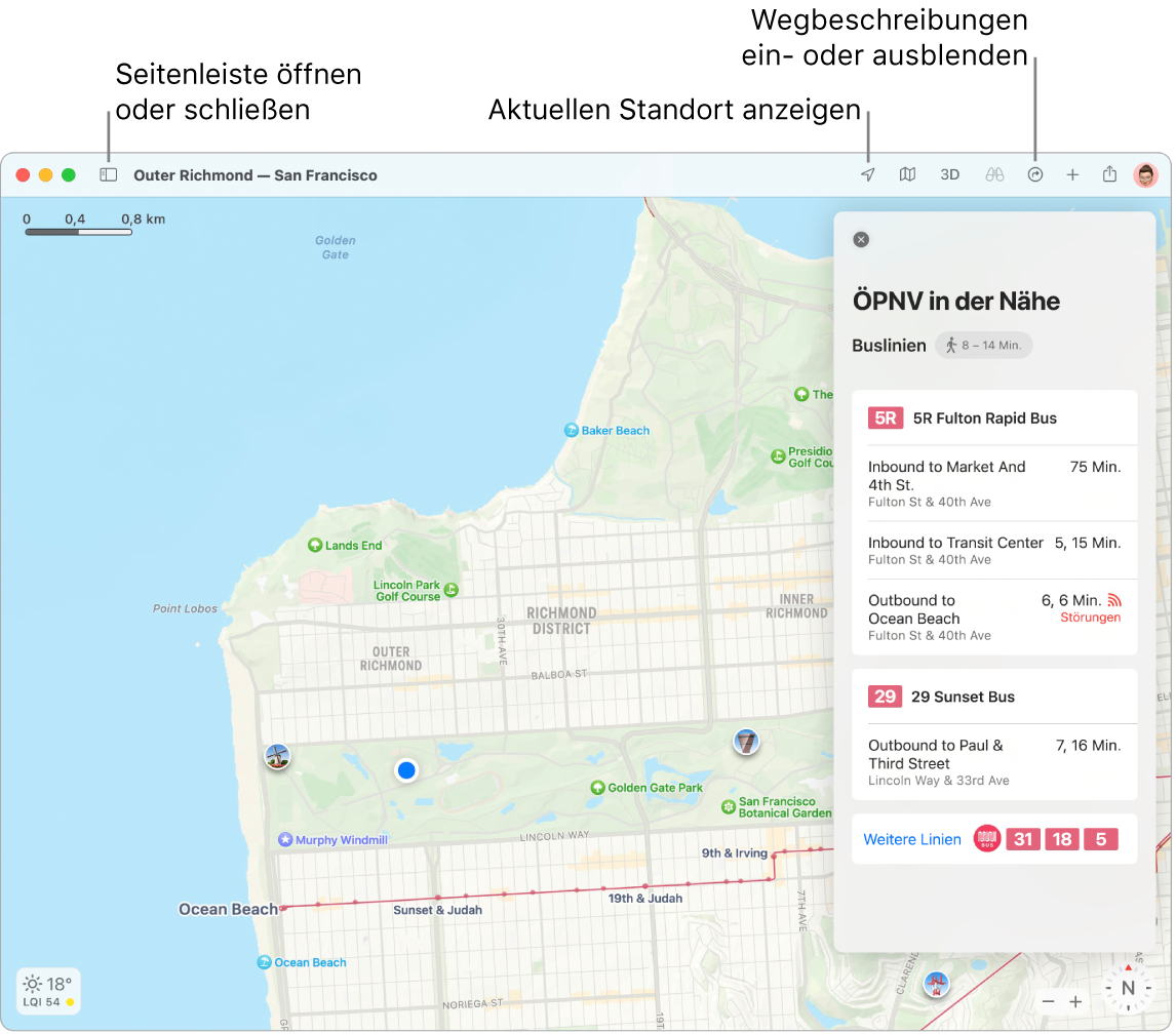 Ein Fenster der App „Karten“ mit Informationen zum Anzeigen von Routen durch Klicken auf ein Ziel in der Seitenleiste, zum Öffnen und Schließen der Seitenleiste und Bestimmen deines aktuellen Standorts auf der Karte.