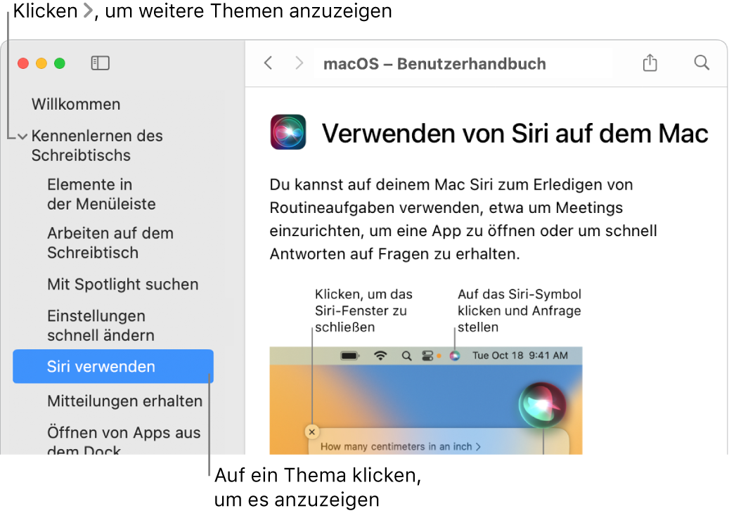 Help Viewer mit Informationen zum Auflisten von Themen in der Seitenleiste und Anzeigen des Inhalts eines Themas.