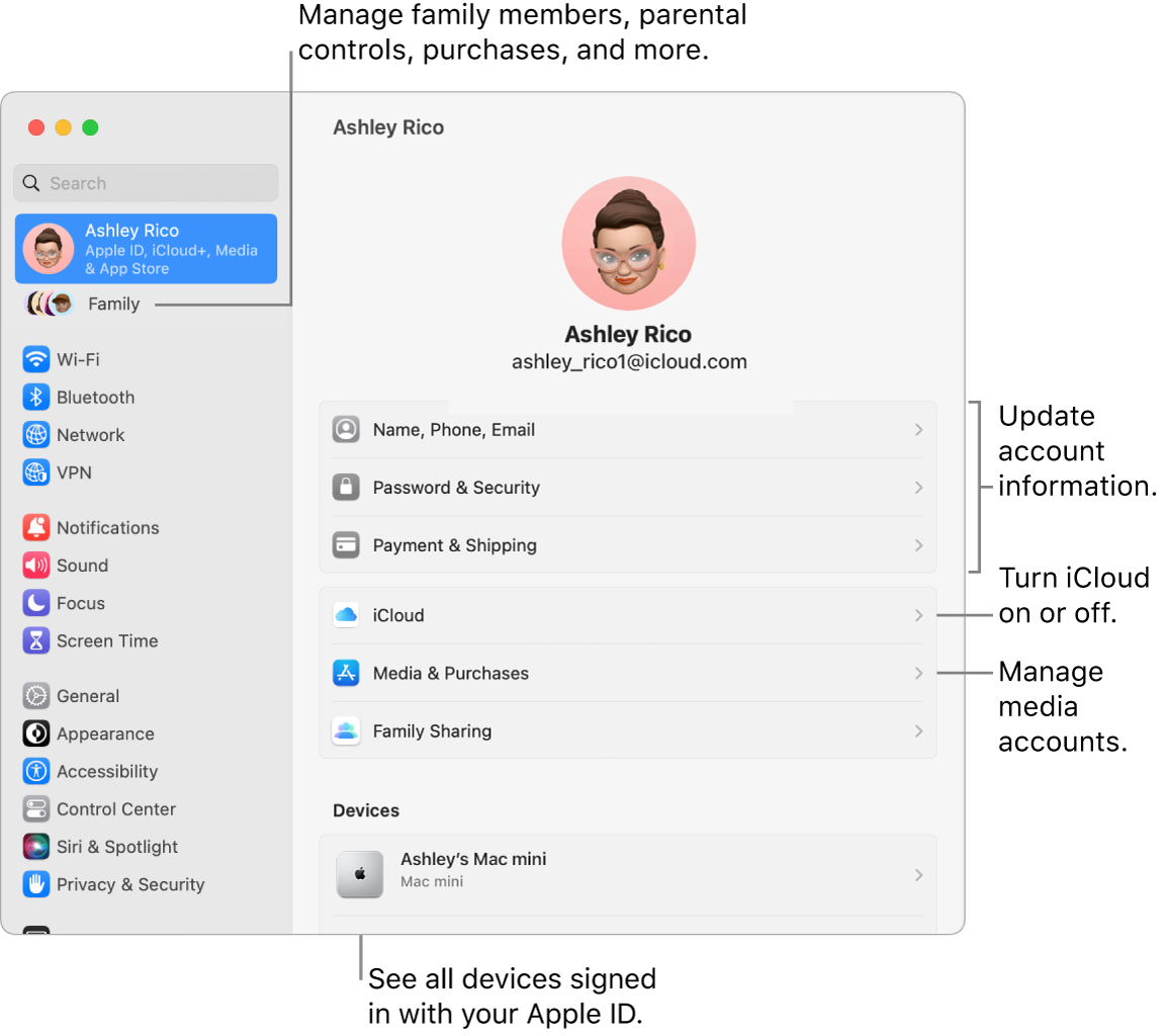 The Apple ID settings in System Settings with callouts to update account information, turn iCloud features on or off, manage media accounts, and Family, where you can manage family members, parental controls, purchases and more.