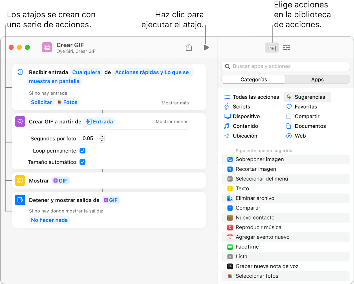 El editor de atajos Crear GIF en la parte izquierda y la biblioteca de acciones en la derecha.