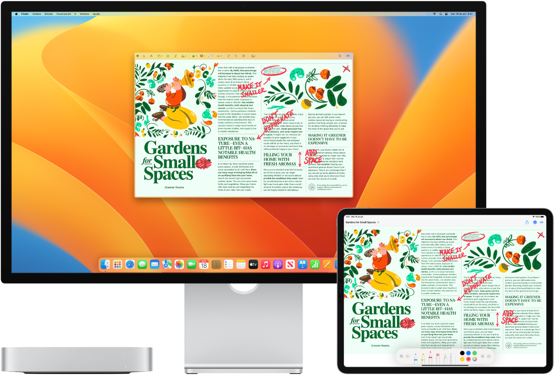 Una Mac mini y un iPad lado a lado. Ambas pantallas muestran un artículo cubierto de ediciones rojas escritas a mano, como oraciones tachadas, flechas y palabras agregadas. El iPad también tiene controles de marcado en la parte inferior de la pantalla.