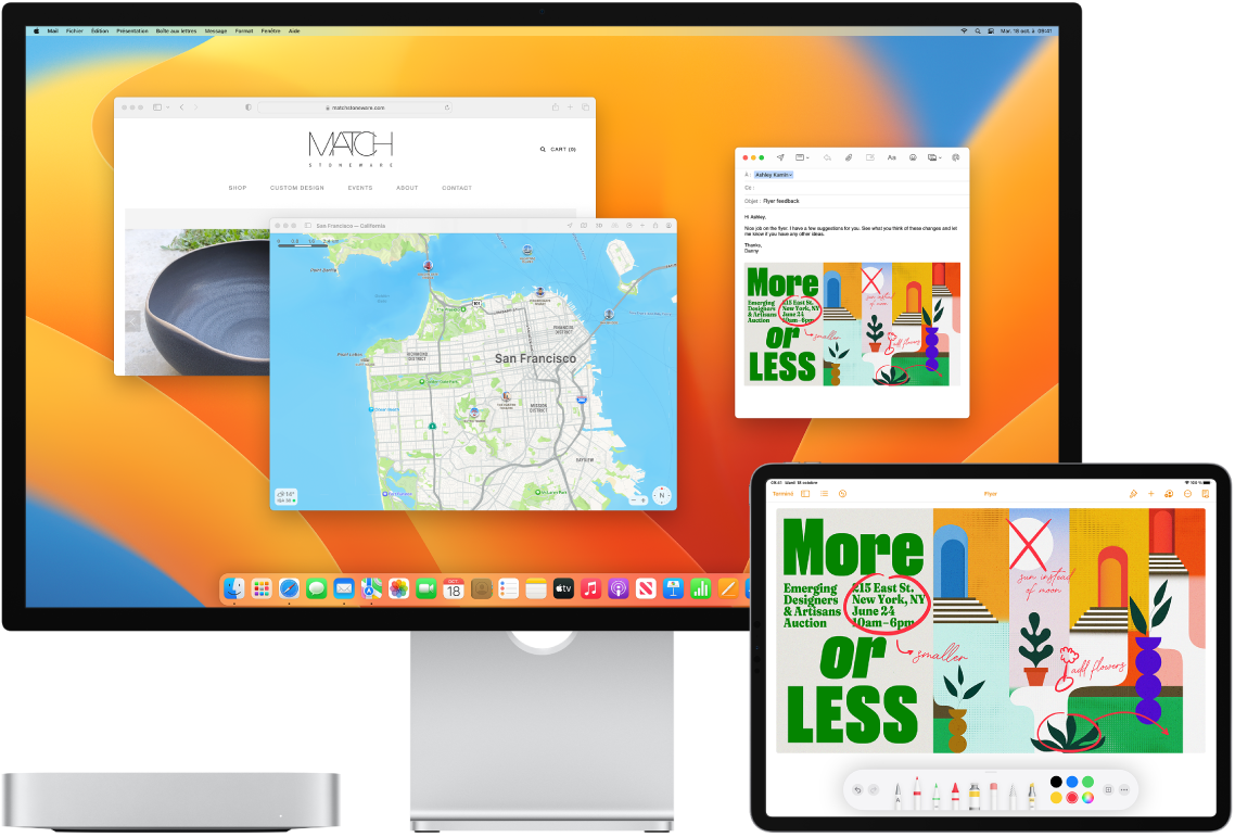 Un Mac mini et un iPad sont présentés l’un à côté de l’autre. L’écran de l’iPad présente un prospectus avec des annotations. L’écran du Mac mini affiche un message Mail, avec comme pièce jointe le prospectus annoté de l’iPad.