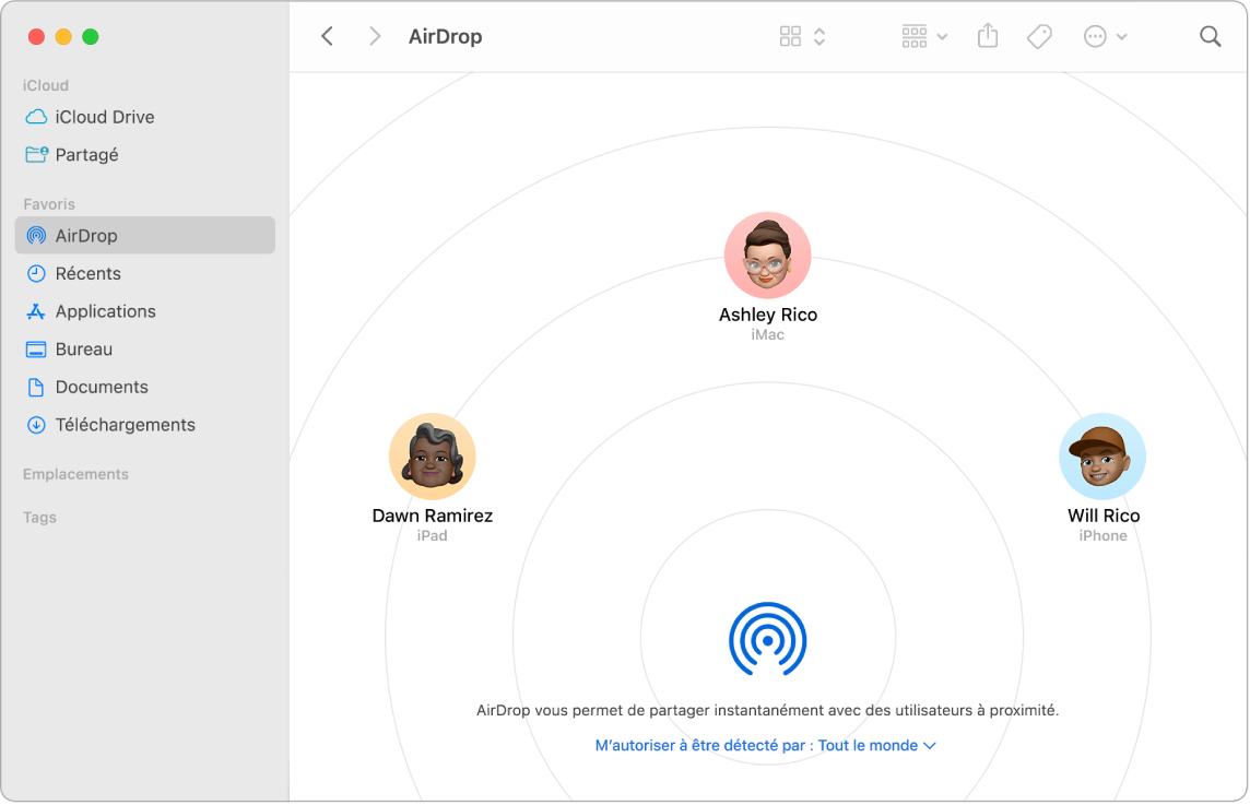 Fenêtre du Finder avec AirDrop sélectionné dans la section Favoris de la barre latérale.