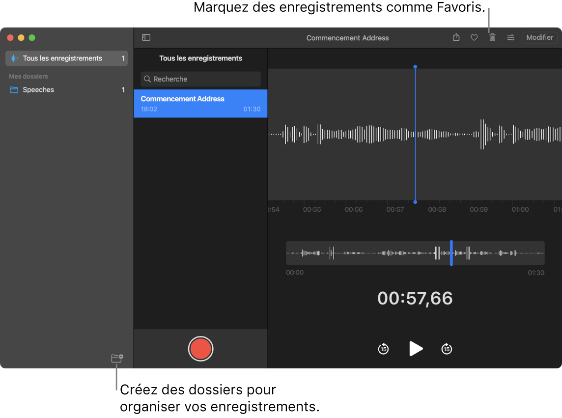 Fenêtre de Dictaphone montrant comment créer de nouveaux dossiers ou marquer des enregistrements comme favoris.