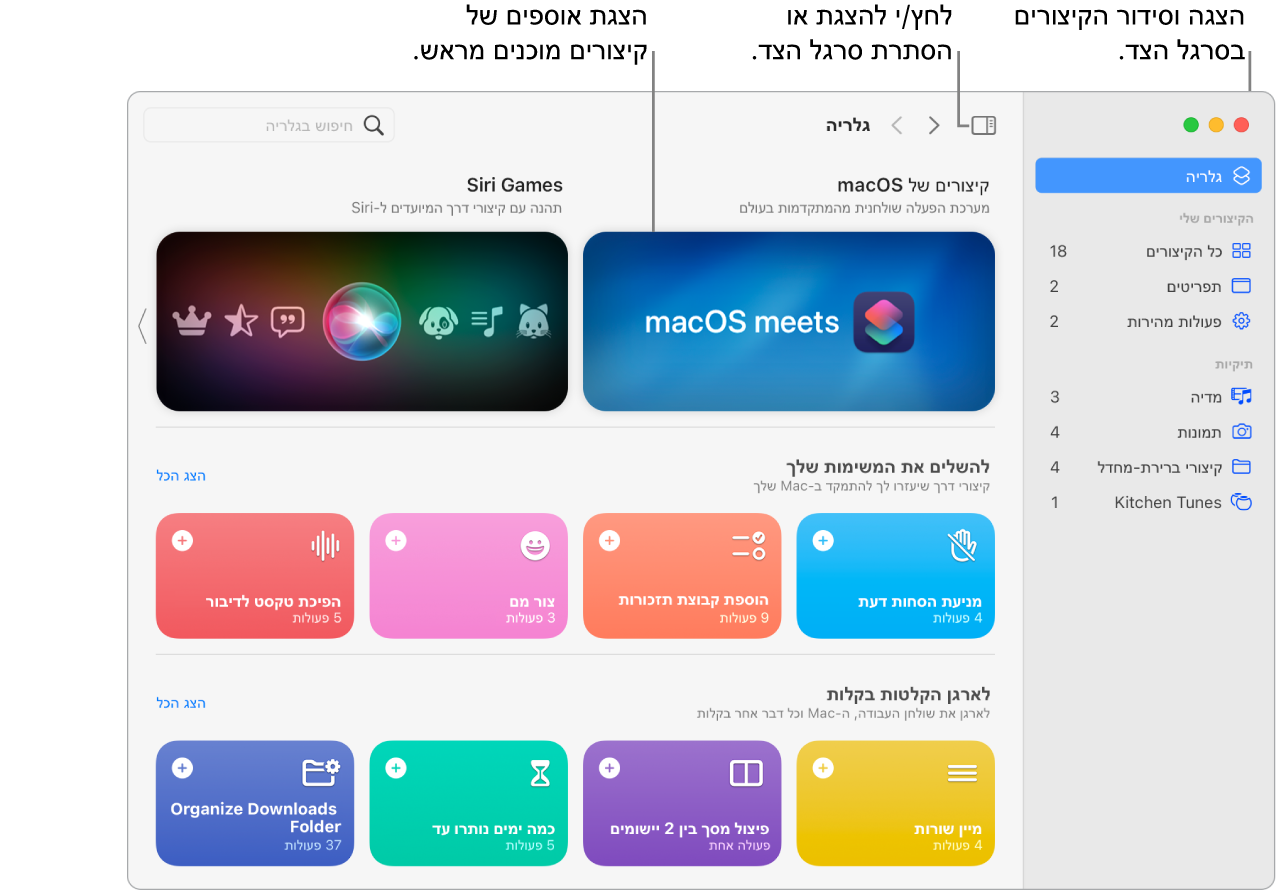 חלון “קיצורים” עם סרגל הצד פתוח מימין ועם הגלריה משמאל. סרגל הצד והחצים לניווט ממוקמים מימין למעלה מעל לגלריה ושדה החיפוש ממוקם משמאל למעלה.