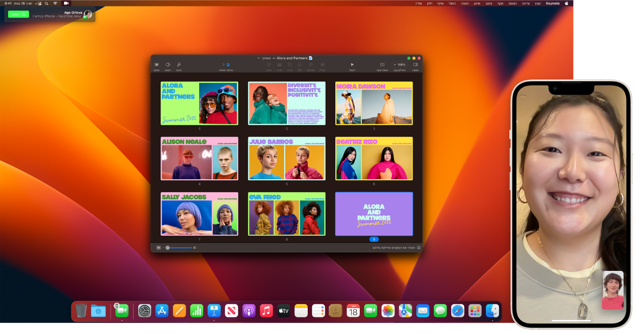 שיחה של FaceTime שמתבצעת ב‑iPhone ליד מכתבה של Mac ועליה פתוח חלון של Keynote. בפינה השמאלית העליונה של ה‑Mac יש כפתור להעברת השיחה ב‑FaceTime אל ה‑Mac.