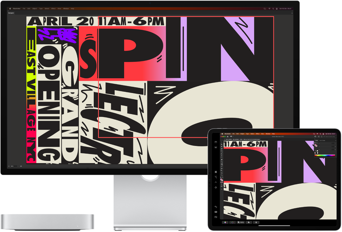 Mac mini dan iPad berdampingan. Mac mini menampilkan gambar di dalam jendela navigator ilustrator. iPad menampilkan gambar yang sama di jendela dokumen ilustrator, dikelilingi oleh bar alat.