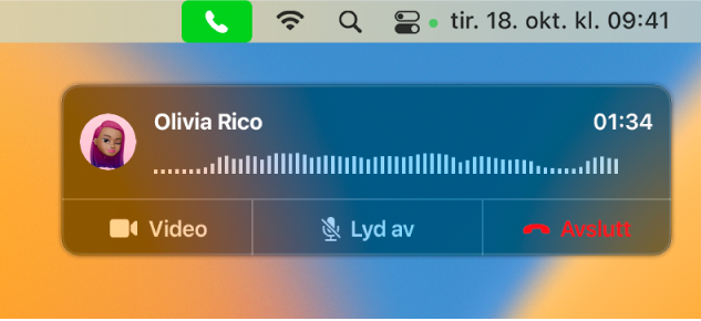 Del av skjermen på en Mac som viser et vindu med varsling om et anrop.