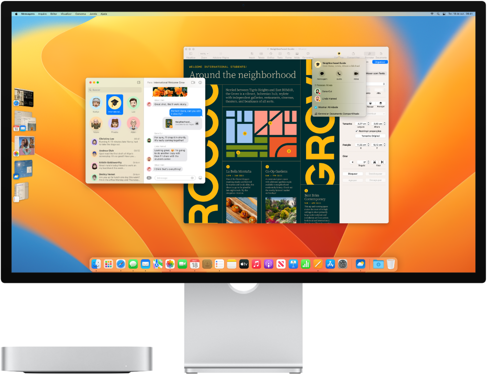 Um Mac mini conectado a um monitor, com a mesa mostrando a Central de Controle e vários apps abertos.